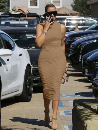 Image of LAGSHIAN Women's High Neck Sleeveless Bodycon Ruched Midi Dress