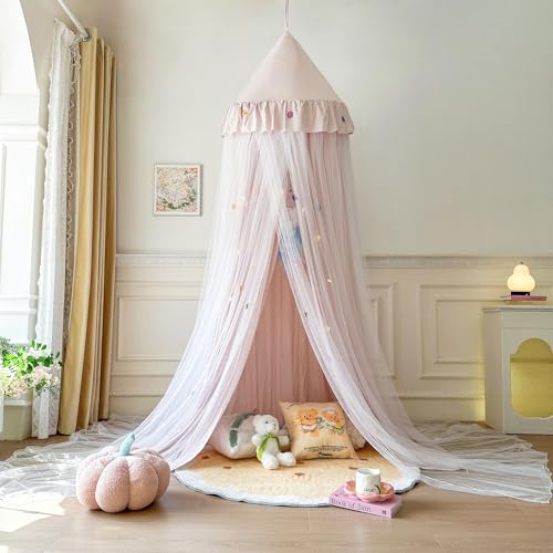 Bed Canopy for Girls with Star Lights, Round Dome Pincess Canopy Bed Curtains , Elegant Double Layer Mosquito Net, Girls Play Tent, Kids Reading Nook Canopies, Dreamy Bedding for Girls Room Decor