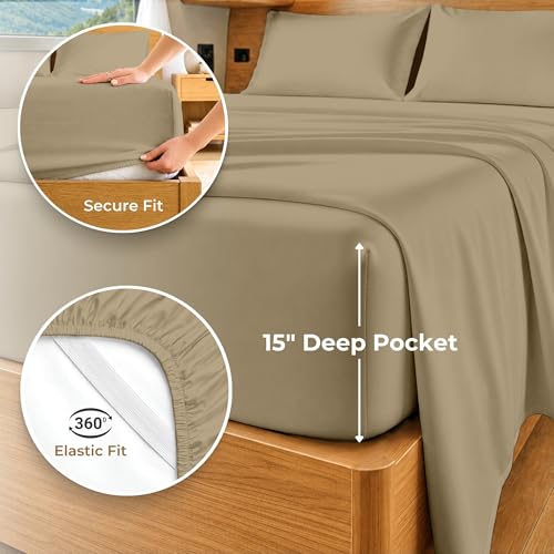 Image of SGI bedding 100% Egyptian Cotton Sheets RV King Size - 600 Thread Count Sheets Set, Soft, Cooling, 15 inch Deep Pocket, Luxury Hotel Bedding, Breathable, Durable - Taupe
