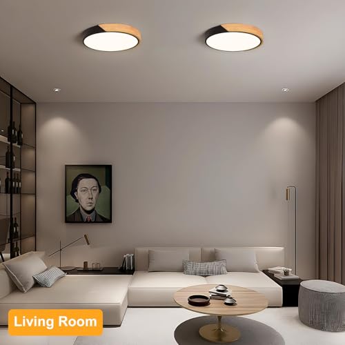 Image of Modern LED Ceiling Light, Minimalist Wood Flush Mount Ceiling Light Fixture, 4000K Not Dimmable, Circle Lighting Lamp with Acrylic Lampshade for Bedroom Laundry Room Hallway (Black,11.8 inch)