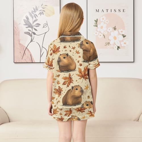 Satin Pajama Sets Short Sleeve Guinea Pigs Among Autumn Leaves Button Down Silky Nightwear 2 Piece PJS 5-14Y4