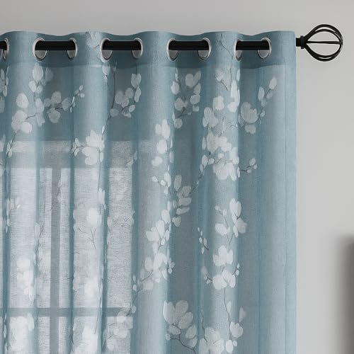 Image of BFAM Sheer Curtain with Floral Print, Premium Printed Sheer Drapes, Eyelet /Grommet Curtain for Living Room, Bedroom, Light Filtering Curtains, Blue Floral 11 Feet,Pack of 1 Curtain