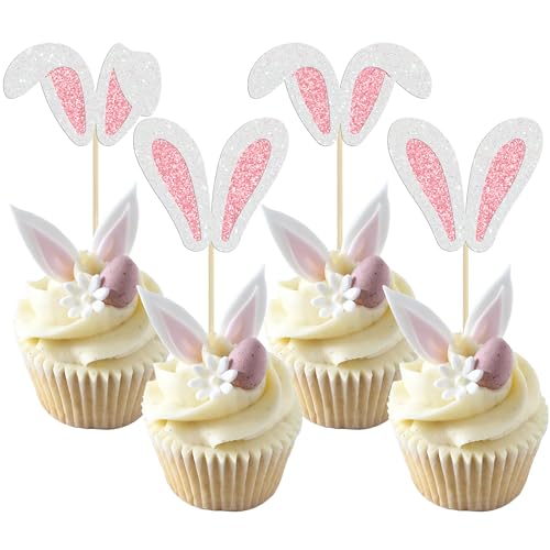 24 Pcs Happy Cupcake Toppers Glitter Rabbit Ear Cupcake Picks Happy Easter Day Theme Baby Shower Kids Birthday Party Cake Decorations