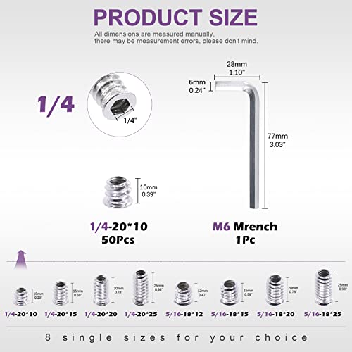 Swpeet S1682 50Pcs 1/4 inch-20 x 10mm White Zinc Plated Carbon Steel Carbon Furniture Screw in Nut Threaded Wood Inserts Threaded Inserts Bolt Fastener Connector Hex Socket (1/4-20 x 10mm) - Image 2