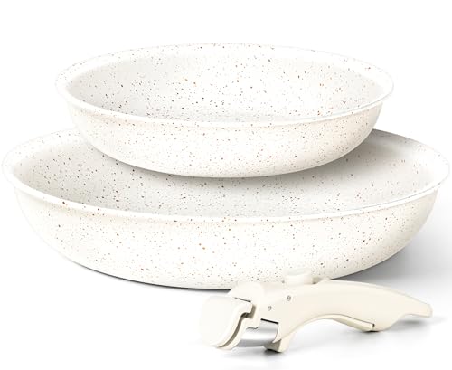 Image of MICHELANGELO Nonstick Frying Pan Set Removable Handle, 8" & 10" Fry Pans with Detachable Handle, Granite Coating Skillets, Non Toxic Pans for Cooking, PFOA Free, Oven Safe, White