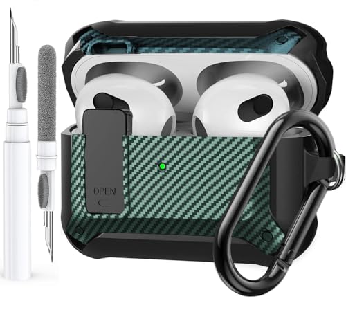 Image of Olytop for Airpods 3rd Gen Case with Lock 2021, Rugged Apple Airpods 3rd Generation Case Men Women, Armor Shockproof iPod 3rd Gen Case Protective Hard Shell with Carabiner&Cleaner kit, Black /Green