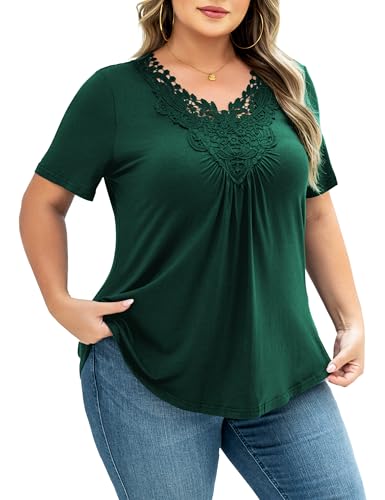 Tralilbee Women's Plus Size Tops Casual Blouse Short Sleeve Lace Crochet Tunic Tops, M-4XL2