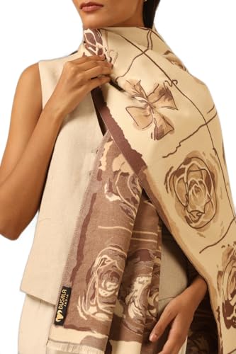 Dusala Women's Reversible Cashmere Blend Stole - Floral and Animal Print, Soft & Stylish Wrap, Handmade in India, Lightweight and Cozy, Thoughtfull Fashion Accessory, 28x80 Inch, Cream & Brown4