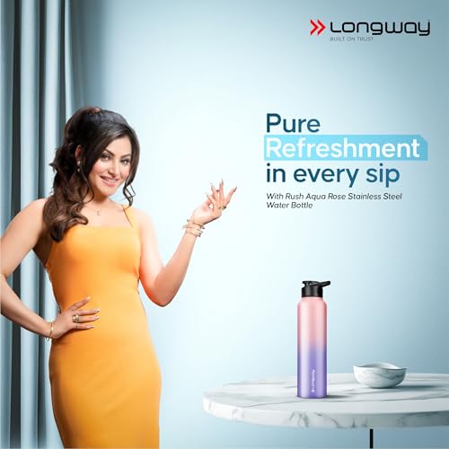 Image of Longway Rush 1 LTR Stainless Steel Water Bottle | Leak-Proof & Rust-Free Design | Perfect for School, Office, Home, Gym, Travel & Ideal for Men, Women & Kids (1000 ml, Aqua-Rose).