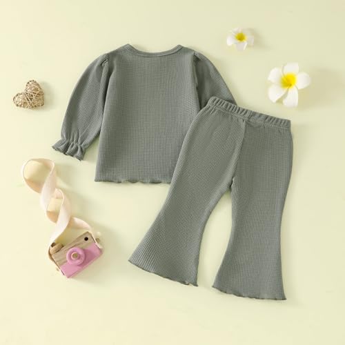 Baby Girl Fall Outfit Toddler Girl Winter Clothes Baby Lantern Sleeve Top and Flared Pant 2-Piece Waffle Clothing Set3