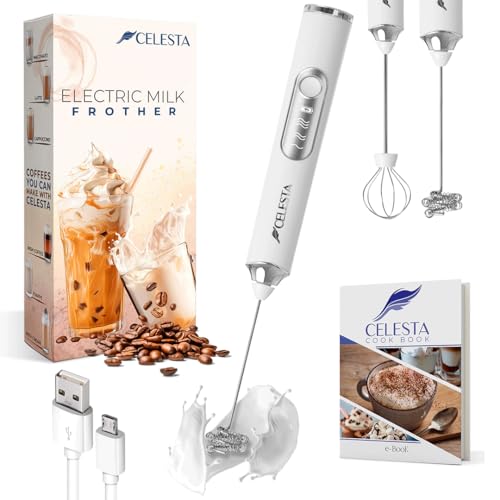 Montalatte elettrico portatile Celesta - Montalatte ricaricabile tramite USB - 2 fruste in acciaio inossidabile + cavo USB, montalatte e sbattitore per le uova