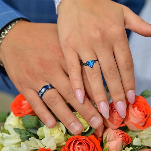 Promise Rings for Couples Set With 2 Rings Custom Engraved Matching Engagement Rings for Couples Blue Wedding Rings Set for Him and Her Black Tungsten Rings for Men Women Wedding Band Sapphire2