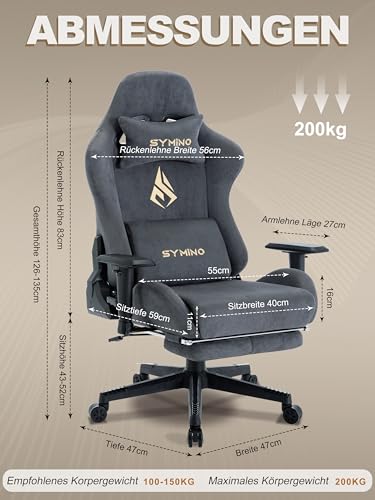 Symino gaming stolica, prozračna uredska stolica izrađena od visokokvalitetne tkanine, mekana poput krzna, ergonomska PC stolica, podesiva i okretna radna stolica s osloncem za noge, siva