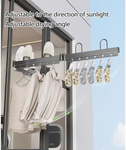 Retractable Wall-Mounted Clothes Drying Rack, Multifunctional Foldable Hanger with Hooks for Efficient Clothes Drying（Gun Gray,Five）