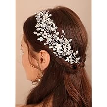 Bridal Silver Flower Leaves Hair Vine Pearls Crystal Beads Headpiece Silver Wedding Hair Accessories for Bridal Women and Grils