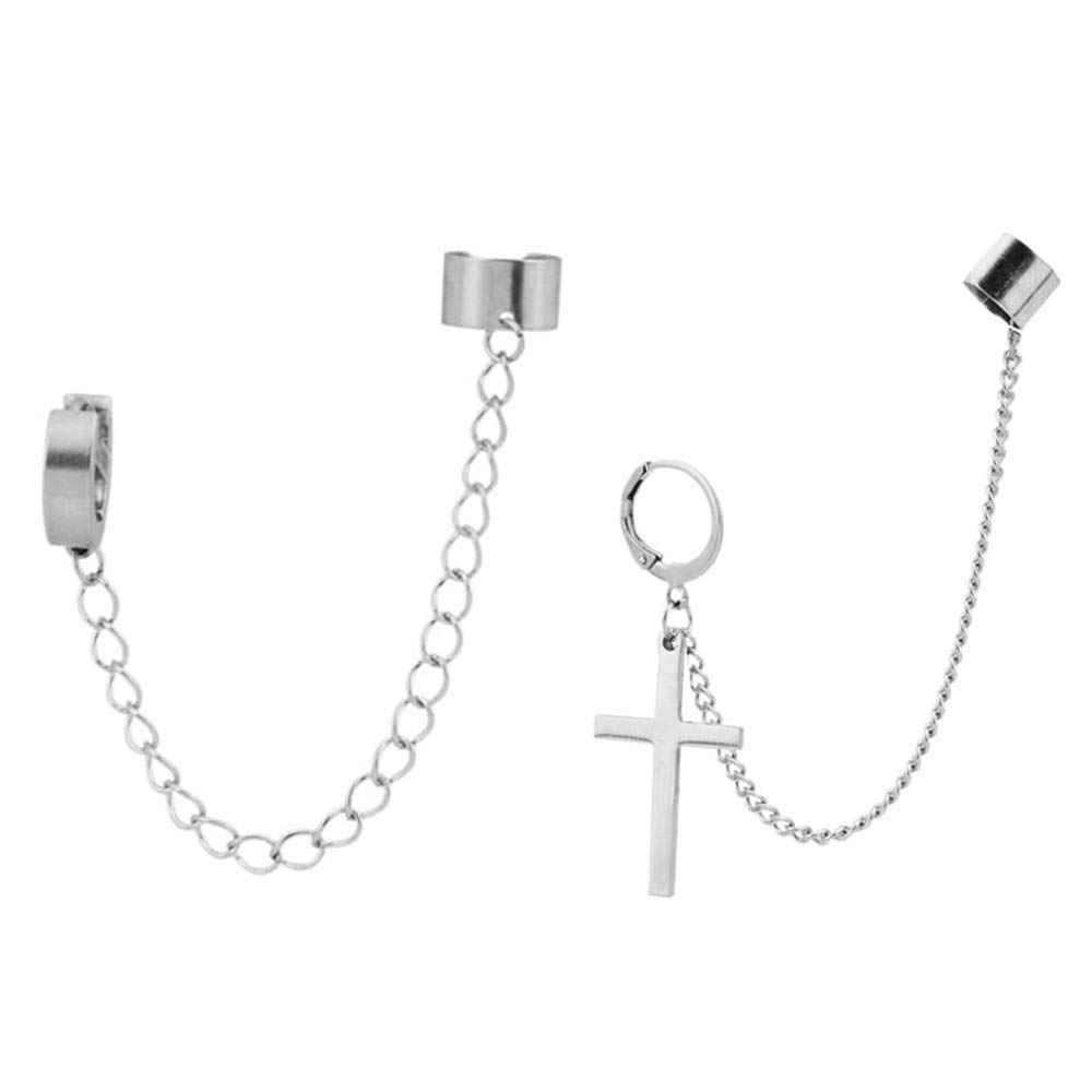 Jemant Ear Cuff Clip With Dangle Drop Cross Chain Earrings Sillver Stainless Steel Punk Fashion Goth Cool Cross Chain Earrings Set Ear Clip Hoop