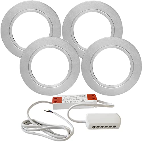 4 x 2.6 W Led Kit de controlador de armario de cocina de foco redonda y acabado en acero inoxidable - blanco natural - Flush empotrada abajo luces bajo armario - cablefinder Cover