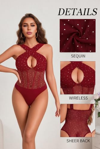 Avidlove Women Sequin Mesh Bodysuit Criss Cross Cutout Body Suit Wine Red S - image 2