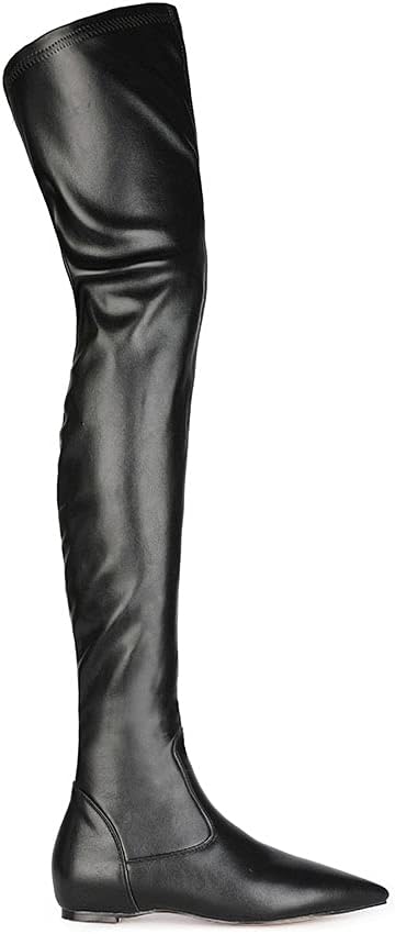UP2STEP Women Patent Leather Flat Over the Knee Boots Pointed Toe Side Zipper Thigh High Low Heel Boot