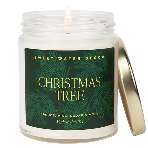 Sweet Water Decor Christmas Tree Candle | Spruce, Pine Needles and Evergreen Candles Scented Soy Candles for Home | Christmas Candle Gold Foil Pattern 9oz Clear Jar, 40 Hour Burn Time, Made in the USA