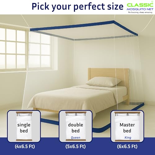 Image of Classic Mosquito Net for Single Size Bed with Double Zipper | Foldable Machardani | Polyester Strong & Breathable Mesh 4 x 6.5 ft | Easy Entry /Exit, Lightweight, Ideal for Home & Travel - Blue