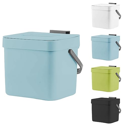 Compost Bin for Kitchen, 1.8 Gallon Hanging Small Trash Can with Lid, Sealed Food Waste Bucket for Counter Top or Under Sink, Indoor Garbage Bins for Bathroom, Bedroom, Living Room, Office (Blue)