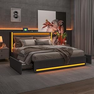 BRILVERDE Polsterbett 140×190 mit Stauraum, Doppelbett mit USB und LED, Jugendbett mit 4 Schubladen, Funktionsbett, Bettgestell mit Lattenrost, Linen (Grau, 140 x 190 cm)