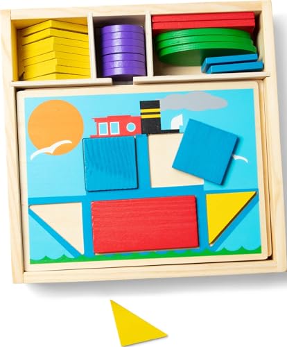 Melissa & Doug Beginner Wooden Pattern Blocks Educational Toy with 5 Double-Sided Scenes and 30 Shapes Puzzles for Kids 3+ - image 1
