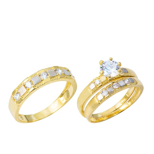 14K Two Tone Gold His and Hers Cubic Zirconia (CZ) Engagement Wedding Trio Ring Set (1.25 cttw)