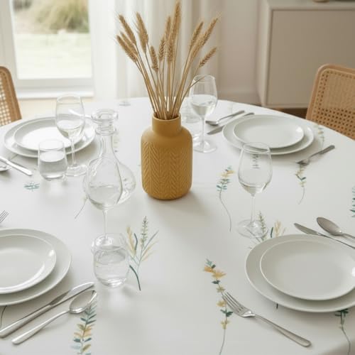 Image of HOMEMONDE 100% Cotton Premium Dining Round Table Cover, 45 x 45 Inches Floral Printed Table Cloth 4 Seater, Round Table Cover - (114 x 114 CM, Leafscape - Yellow & Green)