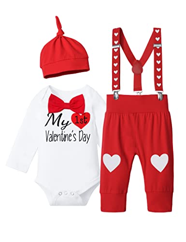 Baby Boy Valentines Day Outfit My First Valentines Day Long Sleeve Romper + Suspender Pants + Hat 3Pcs Spring Outfit
