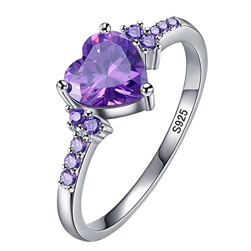 925 Sterling Silver Purple Heart Shaped Zircon Ring Purple Amethyst Halo Promise Ring Good Luck Birthstone Ring Delicate Engagement Wedding Proposal Adjustable Ring for Women