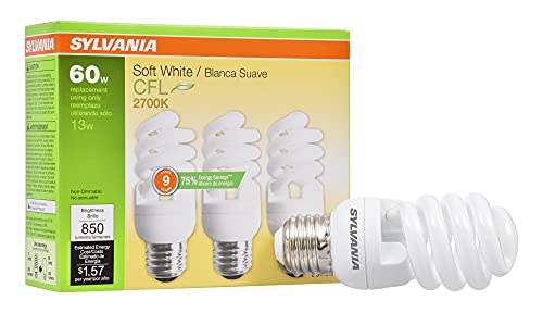 SYLVANIA T2 Twist Light Bulb, 60W Equivalent, Efficient 13W, Ballasted E26 Medium Base, 850 Lumens, 2700K, Soft White - 3 Pack (26371) SYLVANIA T2 Twist Light Bulb, 60W Equivalent, Efficient 13W, Ballasted E26 Medium Base, 850 Lumens, 2700K, Soft White - 3 Pack (26371)