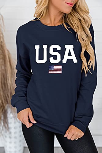 Dressmine Women's Casual Usa Flag Fourth Of July Shirts America Top Long Sleeve Graphic Crew Neck Sweatshirt Pullover Navy Blue Large #TOP1