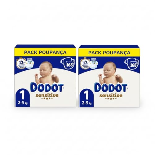 Dodot Pañales Sensitive Talla 1 (2-5 kg), Pack Doble 336 Unidades (2x168) – Protección Suave para Recién Nacido, Absorción Instantánea, Indicador de Humedad, Sin Perfume