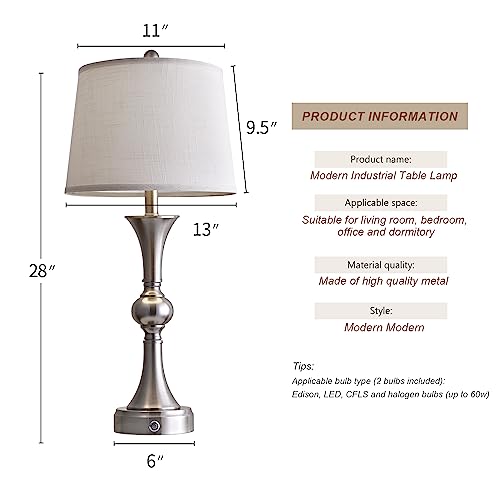 Oneach 3 Way Dimmable Touch Control Table Lamps For Living Room With Usb Charging Port 28” Modern Industrial Nightstand Lamp For Bedroom Bedside Table Lamp Set 2 With Linen Shade Sliver(Bulb Included) #TOP1