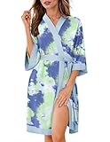 Ekouaer Robes for Women Knee Length Bathrobe Lightweight Kimono Robe 3/4 Sleeve Sleepwear with Pockets Green Tie Dye S