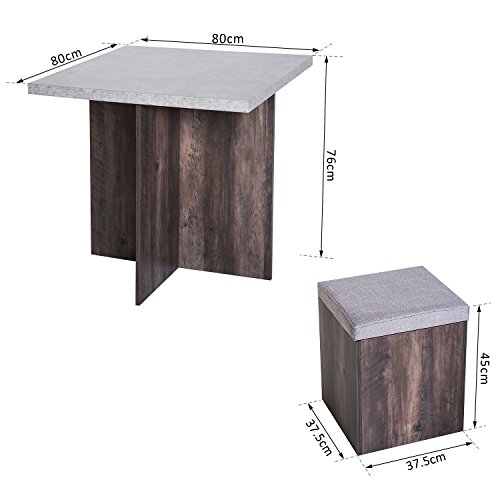 HOMCOM 5PC Dining Set Wooden Set 4 Storage Stools Ottoman w/Cushions + 1 Table Space Saving Design Indoor Kitchen Grey&Wood Grain - Image 3