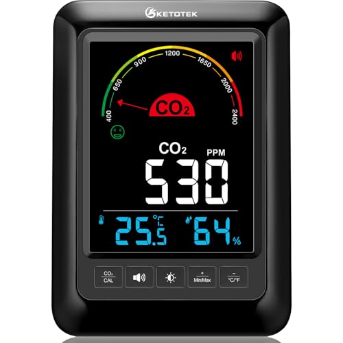 KETOTEK Monitor de CO2, Monitor de Calidad del Aire Interior con Alarma CO2, Detector de Dióxido de Carbono, Temperatura y Humedad para Hogar Oficina o Escuela