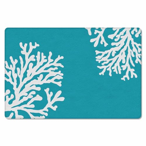 Aqua Coral Antifatigue Kitchen Bath Door Mat Cushioned Runner Rug,Washable Welcome Floor Sink Mat,Waterproof & Non-Slip Standing Doormat for Kitchen,Summer Ocean Turquoise Coastal Beach Teal 24