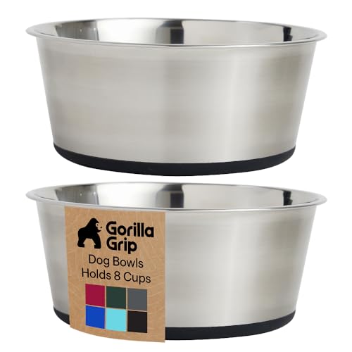 GORILLA GRIP Dog Bowls, Food Grade 304 Stainless Steel, Holds 8 Cups Each (64 fl oz) Food and Water Bowl for Feeding Dogs and Cats, Dishwasher Safe, Rust Resistant, BPA Free Rubber Base Set of 2 Black