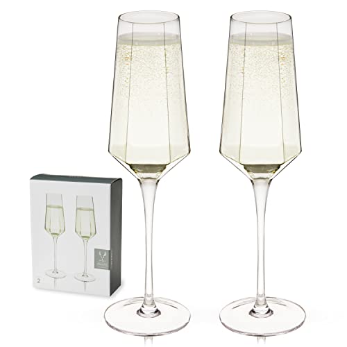 Viski Seneca Stemmed Champagne Flutes-Crystal Glasses for Sparkling Wine and Cocktails Wedding Set-Dishwasher Safe 9oz Set of 2, Clear