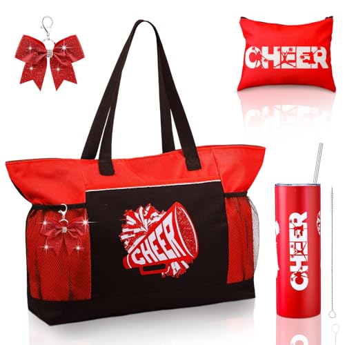 Patelai 4 Pcs Cheerleader Gifts Set Cheer Tote Bag 20 oz Tumbler Makeup Bag Keychain Cheer Stuff Accessories for Cheerleader