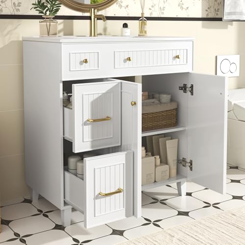 BXEYXE Armario de baño con lavabo, 81,7 cm, mueble de baño de pie con tocador de cerámica, superficie lacada, espacio de almacenamiento multifuncional y patas de madera maciza en diseño moderno de