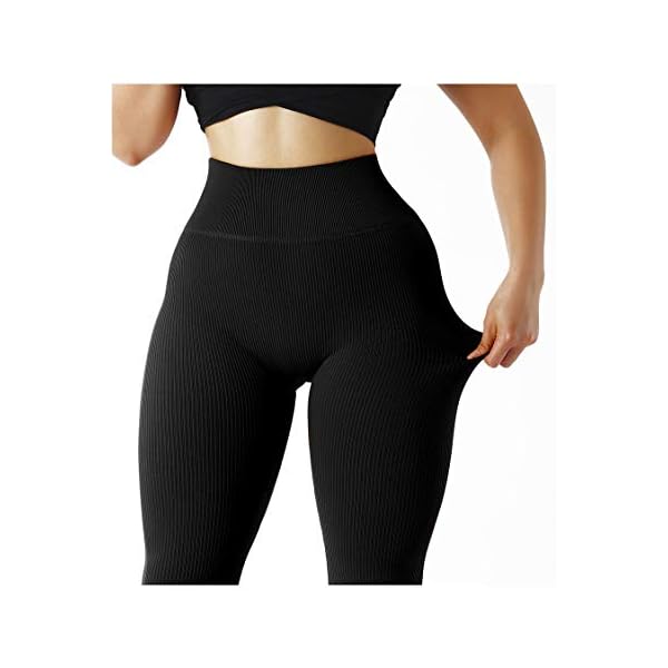 SUUKSESS Women Ribbed Seamless Leggings High Waisted Tummy Control Workout Yoga Pants (Black, L)