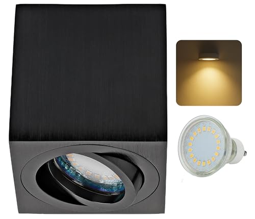 Sweet Led Lamps en saillie 430 lumens IP20 - Avec ampoule LED GU10 5 W - Spot en saillie orientable - Plafonnier carré - Spot en aluminium - Montage en saillie - Noir, blanc chaud