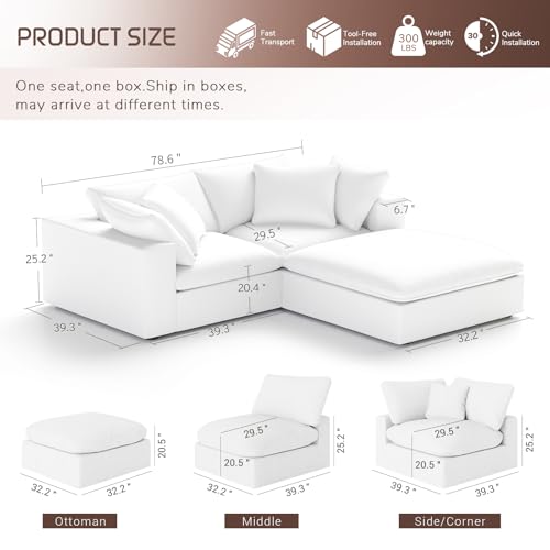 Image of Modular Sectional Cloud Sofa Couch,L Shape 2 Seaters with Chaise Modern Down Filled Sofas Detachable Couch Cushion Covers Couches for Living Room Office Apartment,White