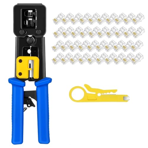 Image of XIKKART Passthrough RJ45 Crimping Tool Kit with Wire Stripper & Cutter | 20PCS Cat6 Pass Through Connectors | RJ45 Modular Plug Crimper LAN Tool Kit for Cat5 Cat5e Ethernet Cable Network Installation
