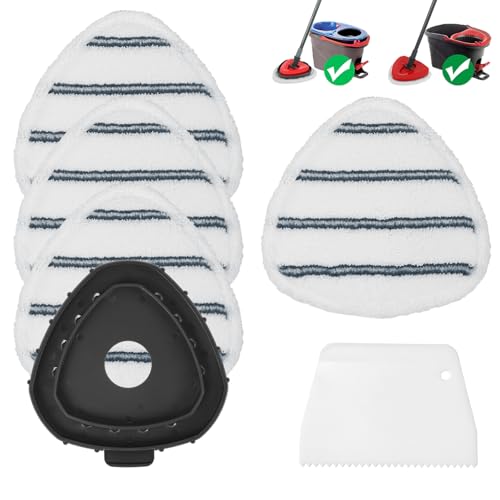 High-PQ Flat Mop Head Replacements, Microfiber Mopping Pads Refills, 4-Pack Spin Mop Pads + 1 Plastic Pad &1 Scrape for Floor, Wall & Ceiling Cleaning - Fits EasyWring & RinseClean Systems