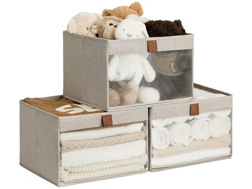 Image of StorageWorks Fabric Storage Bins with Clear Window, Brown and Beige, 3-Pack | Soft Leather Handles, Flip to Show/Hide, Foldable, Holds Clothes, Towels, Blankets, Toys, Cloth Storage Basket for Shelf